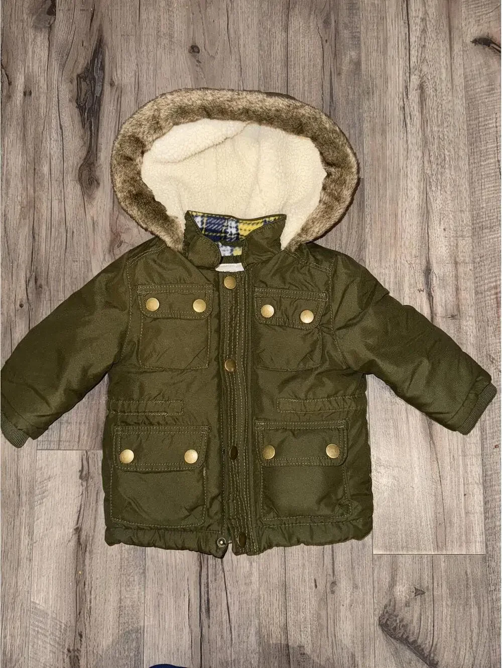 Baby Winter Coat Toddler 12 Months Green Multi Pocket Fur Hood‎ Warm Jacket